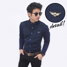 Kemeja Waffle Gold Skull Angle Pin Navy