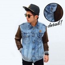 Jacket Denim Sleeve Leather Brown