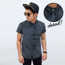 Kemeja Short Denim Shanghai Collar Leather