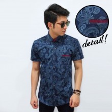 Kemeja Short Motif Ethnic Batik Navy
