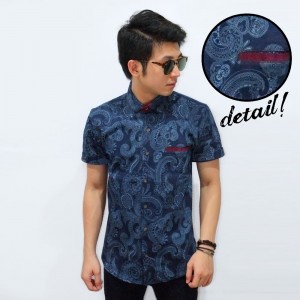 Kemeja Short Motif Ethnic Batik Navy