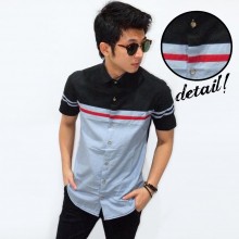 Kemeja Short Oxford Combine Red Middle Line