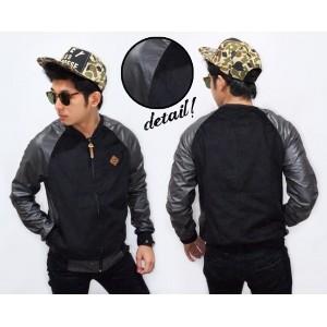 Varsity Jacket Corduroy Combine Leather Black