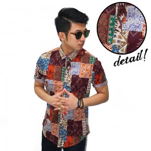 Kemeja Short Batik Perca Casual Maroon