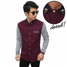 Kemeja Sleeve Stripe Neck Pin Diamond Maroon