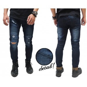 Biker Jeans Ripped On Knee Dark Blue