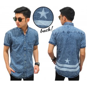 Kemeja Pendek Denim Back Star Stripe Blue
