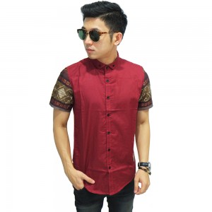 Kemeja Pendek Kombinasi Lengan Batik Songket Maroon