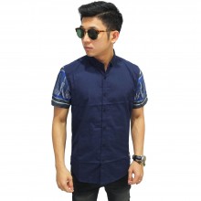 Kemeja Pendek Kombinasi Lengan Batik Songket Navy