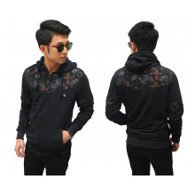 Jacket Hoodie Half Block Floral Vector Black