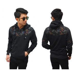 Jacket Hoodie Half Block Floral Vector Black