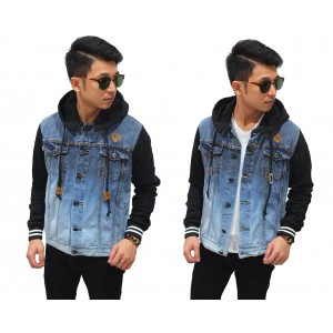 Jaket Denim Button Hoodie And Sleeve Black
