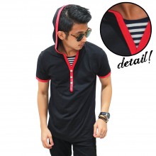 Hoodie Tee Neck Stripe Black