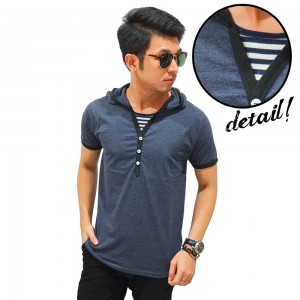 Hoodie Tee Neck Stripe Grey