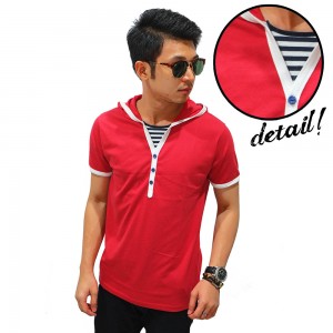 Hoodie Tee Neck Stripe Red