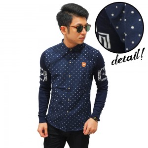 Kemeja Dots Pattern Sleeve Knit Navy