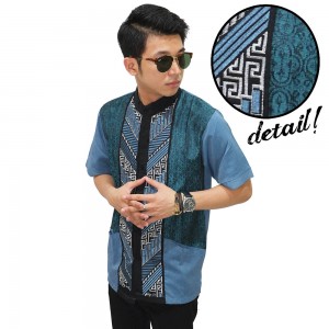 Baju Koko Pendek Elegant Bordir Blue