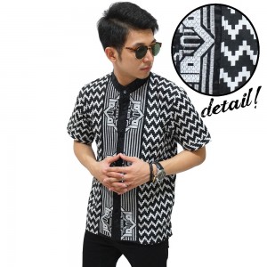 Baju Koko Pendek Monokrom Zig Zag Black