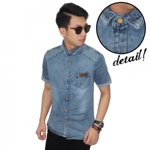 Kemeja Pendek Denim Acid Wash Blue