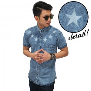 Kemeja Denim Pendek Stars Circle Wash Blue