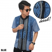 Baju Koko Pendek Modern Bordir Garis Blue