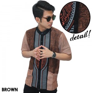 Baju Koko Pendek Modern Bordir Garis Brown
