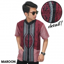 Baju Koko Pendek Modern Bordir Garis Maroon