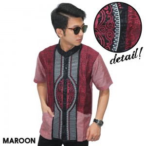 Baju Koko Pendek Modern Bordir Garis Maroon