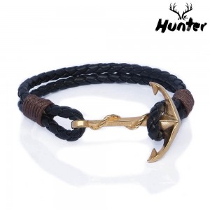 Bracelet Gold Anchor Single Leather Black