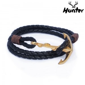 Bracelet Gold Anchor Three Layer Leather Black