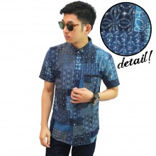 Kemeja Batik Pendek Motif Perca Navy