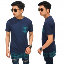 Longline T-Shirt Bottom Tartan Square Navy