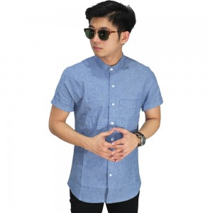 Kemeja Pendek Grandad Collar Basic Oxford Blue