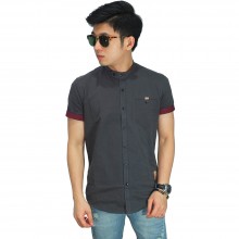 Kemeja Pendek Grandad Collar With List Grey