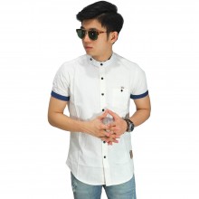 Kemeja Pendek Grandad Collar With List White