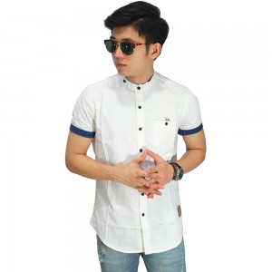 Kemeja Pendek Grandad Collar With List White