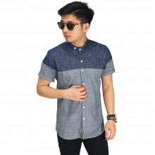 Kemeja Pendek Grandad Two Tone Navy Grey