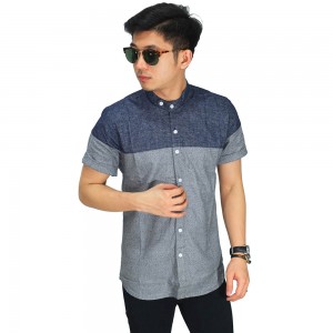 Kemeja Pendek Grandad Two Tone Navy Grey