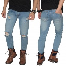 Celana Jeans Ripped On Knee and Thigh Dirty Blue