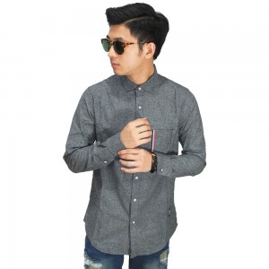 Kemeja Oxford Pocket Ribbon Stripe Dark Grey