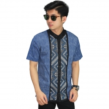 Baju Koko Pendek Bordir Batik Tenun Blue
