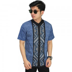 Baju Koko Pendek Bordir Batik Tenun Blue
