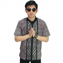 Baju Koko Pendek Bordir Batik Tenun Brown