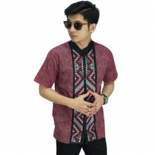Baju Koko Pendek Bordir Batik Tenun Maroon