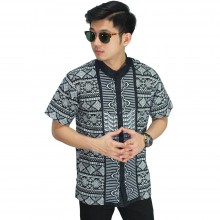 Baju Koko Pendek Bordir Garis Black