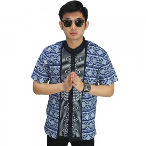 Baju Koko Pendek Bordir Garis Blue