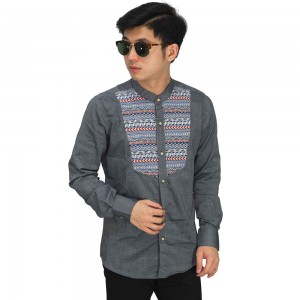 Kemeja Grandad Mix Motif Tribal Grey