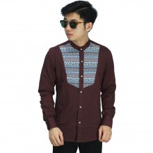 Kemeja Grandad Mix Motif Tribal Maroon