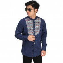 Kemeja Grandad Mix Motif Tribal Navy