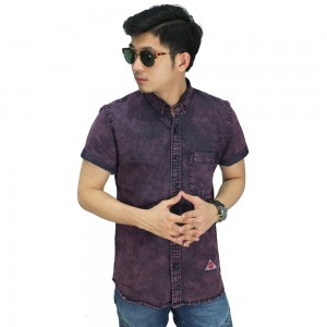 Kemeja Pendek Denim Stone Washed Maroon